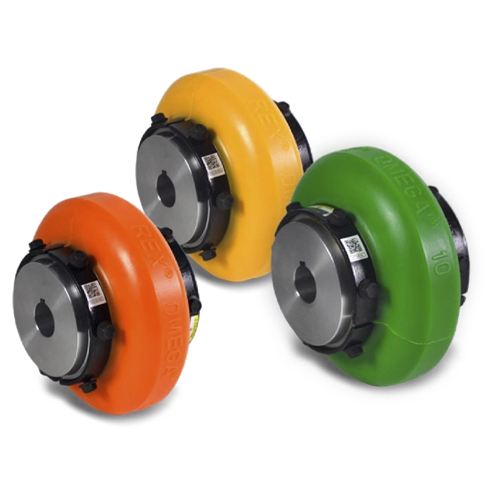 Tres acoples cerrados Omega (Estándar, HDY, HSU) en color naranja, amarillo y verde.