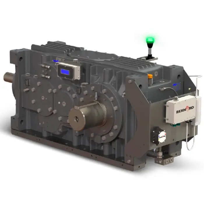 Reductor industrial con sistema de monitoreo inteligente instalado de fábrica para mantenimiento preventivo.