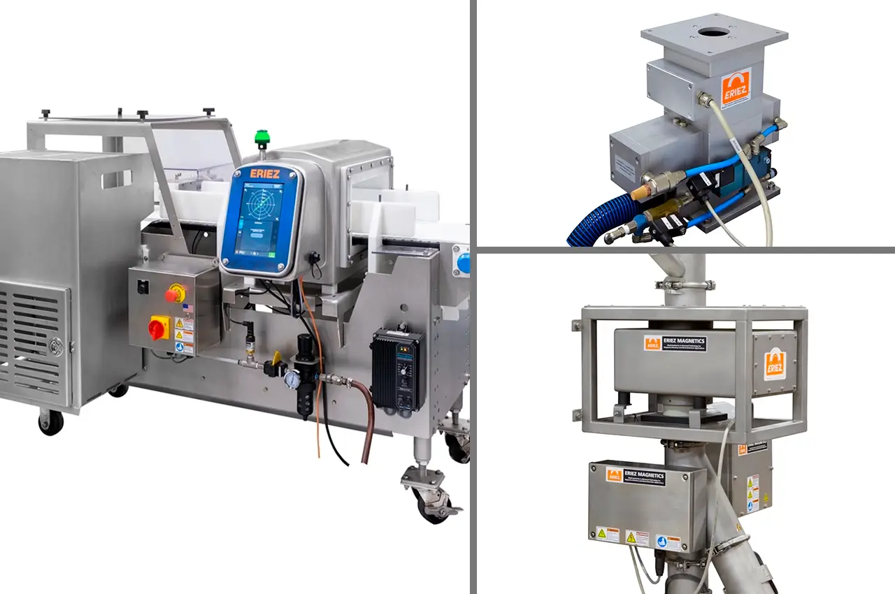 Detectores de metales Eriez X8, separadores CFP y modelos FF para la detección de metales ferrosos y no ferrosos en empaque.