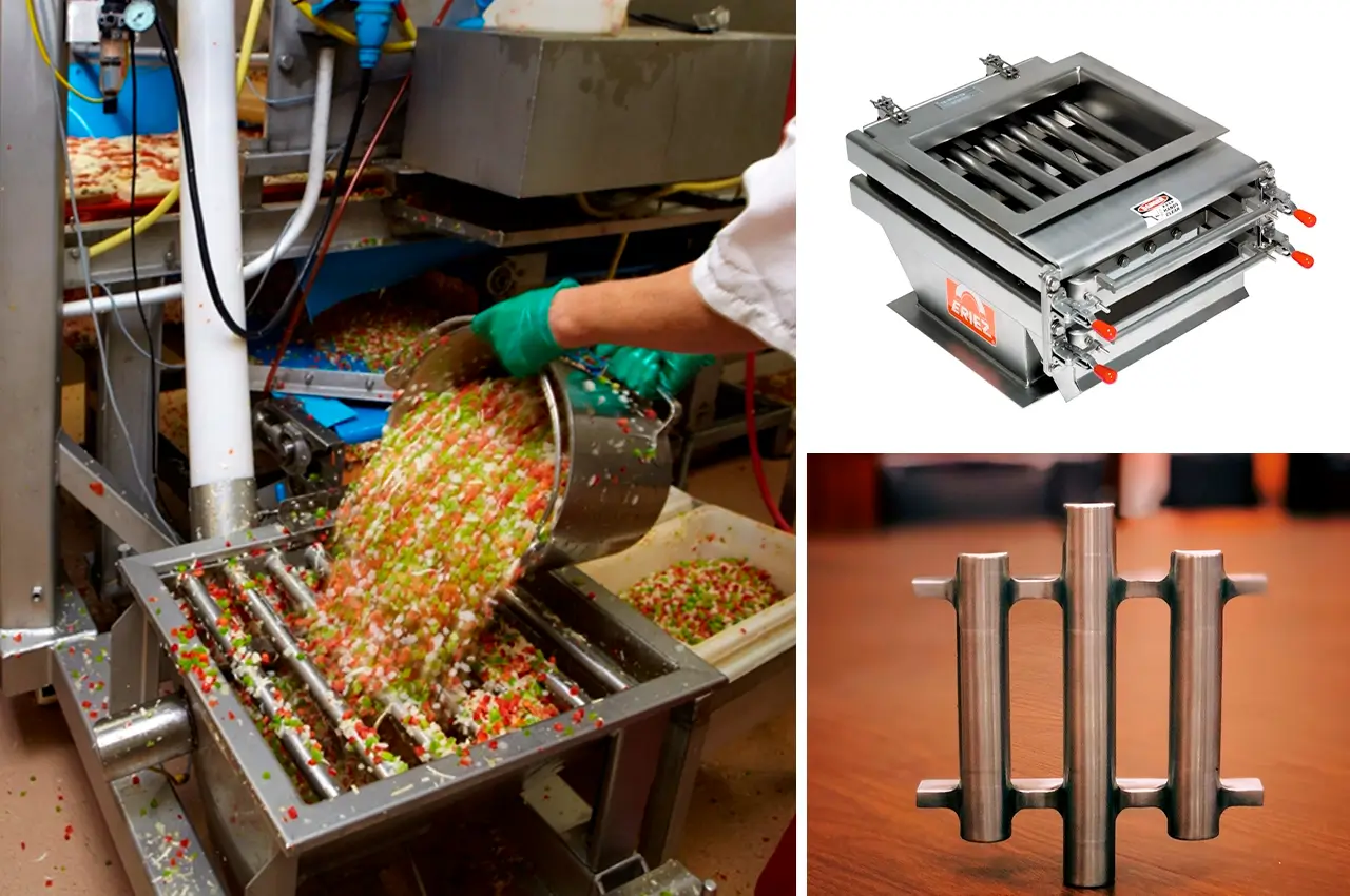 Rejillas y tubos magnéticos de alta intensidad instalados procesos de alimentos para la captura de finos metálicos.